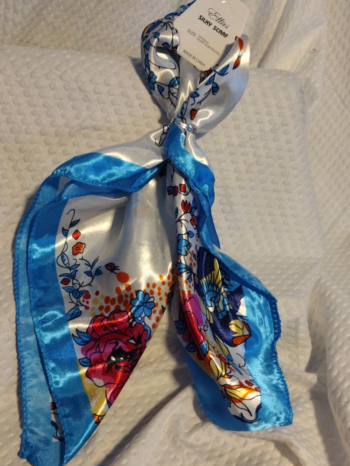 Ella's Silky Floral Scarf With Bright Blue Border